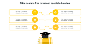 Special education slide with book and graduation cap connected with icons and placeholder text on a yellow theme.