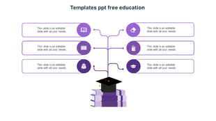 Six rectangular sections with purple icons, connected by lines to a central image of a graduation cap on stacked books.