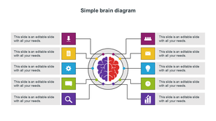 Simple brain diagram with placeholder text areas on each side and colorful icons symbolizing concepts.