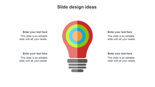 A colorful light bulb infographic PPT slide with segmented rings, surrounded by four text placeholders on a white backdrop.