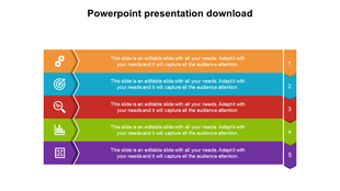 Colorful five step infographic PPT slide with icons and numbered sections with placeholder text on a white backdrop.