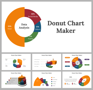 Slide deck with multiple 3D and flat donut charts in vibrant colors, illustrating different data distributions.