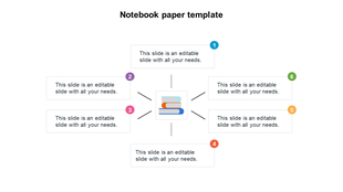 Slide with six colored numbered sections around a central image of a notebook, each containing text placeholders.