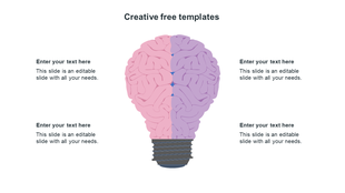 Creative design with a light bulb shape filled with pink and purple brain imagery, with four text sections around it.