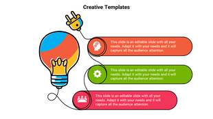  Creative light bulb graphic with a plug at the top, connected to three horizontal text boxes in red, green, and pink.