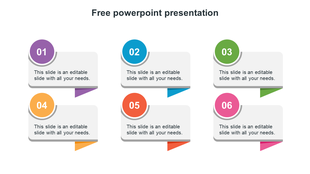 Slide with six colorful sections in purple, blue, green, orange, red, and pink, each labeled with a number and text.