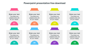 Minimalist slide template with 8 sections, color-coded tabs, numbered from 01 to 08 in a clean, modern design.