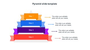 Pyramid diagram with four colorful ribbon shaped steps in orange, blue, purple, and red, 1 to 4.