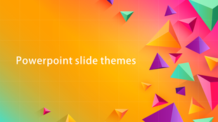 Theme slide with bold polygon shapes in pink, purple, and green on a vibrant orange background with centered title text.