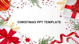 Christmas decorations including gifts, pine branches, and red ribbons framing the central text, on a white background.