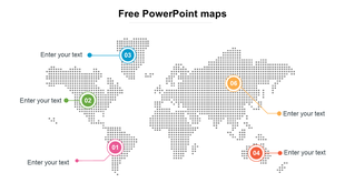 Dotted world map with circular markers labeled 01 to 06 in pink, green, blue, orange, and red, each linked to text.