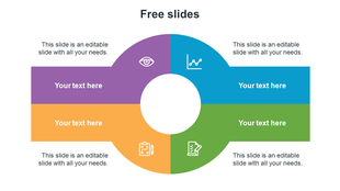 Colorful circular infographic PowerPoint template with four sections and icons with placeholder text.