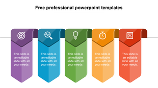 Professional template with banners in purple, blue, green, orange, and red with icons and text, aligned under a title.