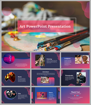 Colorful slide deck with a painted palette and brushes on the cover, followed by slides on painting, and dance etc.
