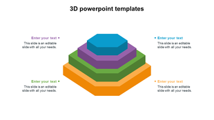 3D hexagonal pyramid with four layers, each colored differently in blue, purple, green, and orange, with text around it.