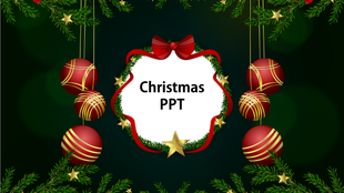 Christmas template with stars, red and gold ornaments, green pine branches, and a festive ribbon framing a central space.