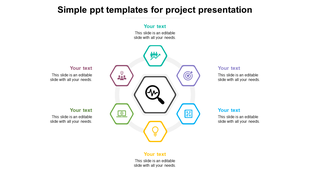 Project slide with a central magnifying glass icon and six surrounding colored hexagons, all with text areas.