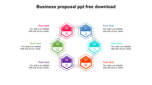 Hexagonal diagram with six colorful icons connected in a circular layout, each paired with text sections around.