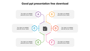 Slide with a central document icon and six surrounding colored hexagons, each with placeholder text areas.