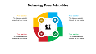 Technology slide with a segmented circle in yellow, blue, red, and green, featuring icons and  captions around it.
