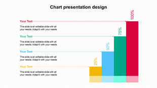 Colorful bar chart PowerPoint slide showing percentage based growth from 25 to 100 percent with placeholder text.