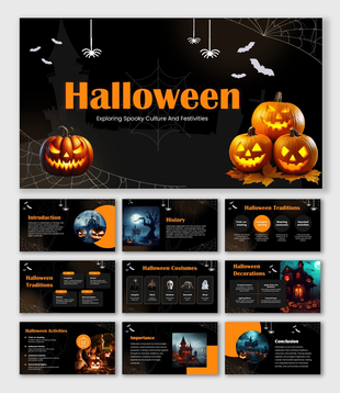 Halloween black slide with pumpkins, bats, spiders, webs, castle, text holders and shapes.