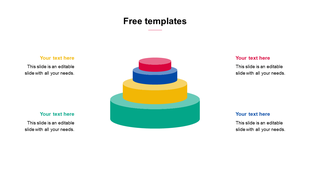 A multi layered, colorful 3D stacked diagram with text placeholders around it on a white backdrop.
