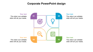 Corporate layout featuring four colorful quadrants in purple, blue, green, and yellow, with icons and text space.