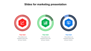 Marketing slide with three colorful ring diagrams featuring icons of a chart, bar graph, and presentation board.