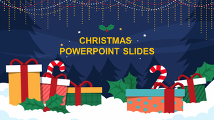 Colorful Christmas presents and holly with candy canes, under a twinkling string of lights on a snowy backdrop.