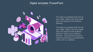 Isometric digital marketing graphic with laptop, megaphone, charts, target, and icons on a dark background.