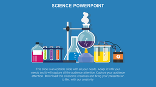 Blue science slide featuring flasks, bubbling liquids, test tubes, a battery, and lab apparatus arranged at the center.