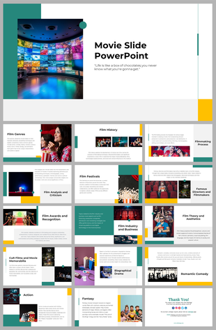 Movie themed slides with sections on film genres, history, filmmaking, festivals, and business, featuring colorful accents.