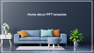 A home decor themed slide featuring a modern living room with a blue sofa, colorful cushions, and houseplants.