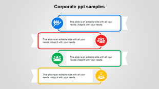 Corporate PowerPoint template with four colorful text boxes connected by curved lines, each featuring an icon.