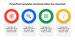 Four circular icons in red, blue, green, and yellow with captions below, set on a white background.