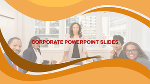 Corporate slide with a diverse team meeting in an office, overlaid with curved orange wave shapes and central red title text.