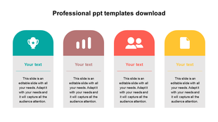 Professional slide with four rounded vertical blocks in teal, maroon, red, and yellow, each with an icon and text.