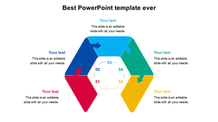 Best hexagonal PowerPoint infographic slide with five colorful arrow segments and text placeholders.