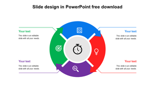Circular layout with four colored arrows in green, blue, red, and purple, featuring icons and a central clock symbol.