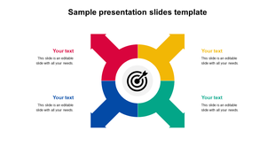 Colorful sample cross arrow diagram with a central dartboard icon, surrounded by  text sections on a white background.