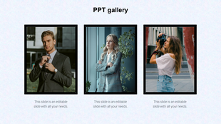 Gallery featuring framed images of a man in a suit, a woman in business casual, and a young photographer with a camera.