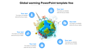 Global warming slide illustration of a colorful sad Earth surrounded by pollution and text icons.