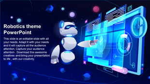 Robotics themed slide featuring a cartoon robot interacting with a digital interface and a text for content.