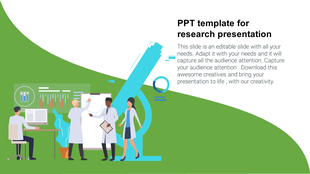 Green and white layout featuring a large blue microscope graphic with researchers, and lab equipment illustrations.