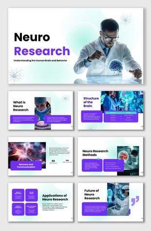 Research PowerPoint template for neuro studies covering brain structure, methods, applications, and future insights.