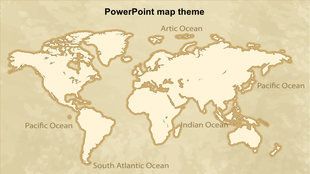 Vintage style world map PowerPoint slide with labeled oceans and beige background.