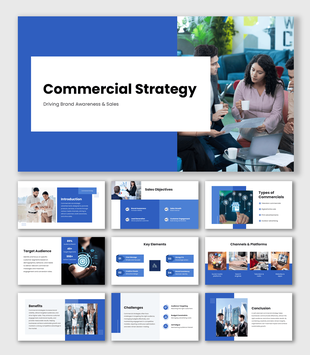 PowerPoint Commercial Presentation with blue theme, team meeting visuals, icons, charts, and clean text layout design.
