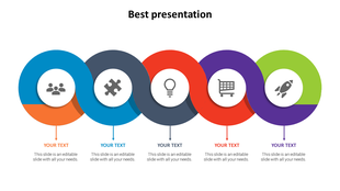 Colorful circular infographic PPT slide with business icons and text placeholders on a white backdrop.