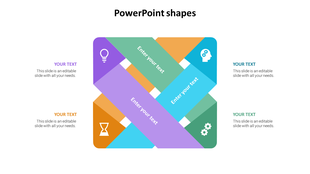 Colorful interlaced shapes forming a grid with editable text areas and symbolic icons on each corner.
